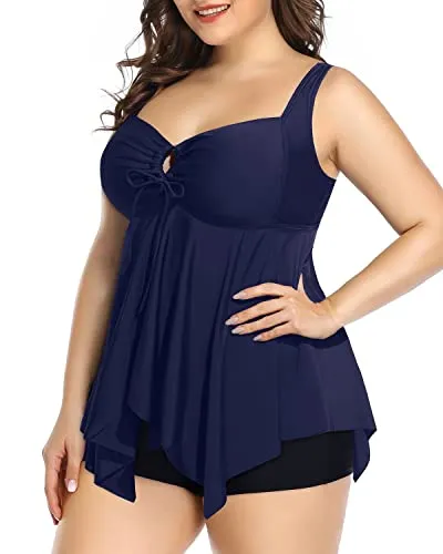 Women's Plus Size Tummy Control Boyshorts Swimsuits-Navy Blue