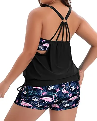 Women's Plus Size Two Piece Tankini Swimsuits Tummy Control Bathing Suit-Black Flamingo