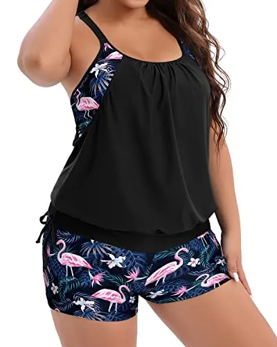 Women's Plus Size Two Piece Tankini Swimsuits Tummy Control Bathing Suit-Black Flamingo