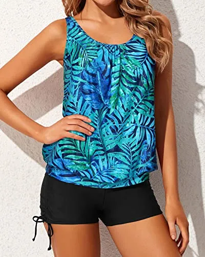 Women's Removable Built-In Sports Bras Adjustable Blouson Tankini Swimsuits-Dark Blue Green Leaves