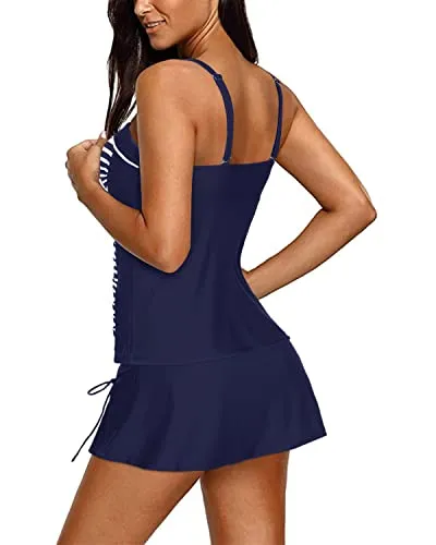 Women's Retro Bathing Suit Ruched Tankini Top And Skirted Bottom-Blue Stripe
