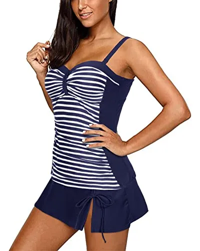 Women's Retro Bathing Suit Ruched Tankini Top And Skirted Bottom-Blue Stripe