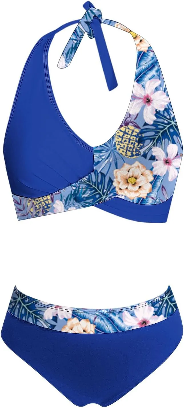 Womens Retro Printed Bikini Sets Color Block Criss Cross 2 Piece Swimsuit 2025 Fashion Sexy Beachwear Bathing Suit