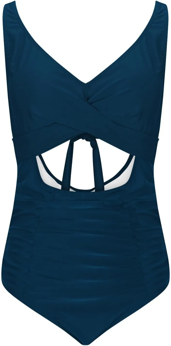 Women's Ruched One Piece Swimsuit Tummy Control Cutout High Waisted Bathing Suit Sexy Backless Tie Back Swimwear