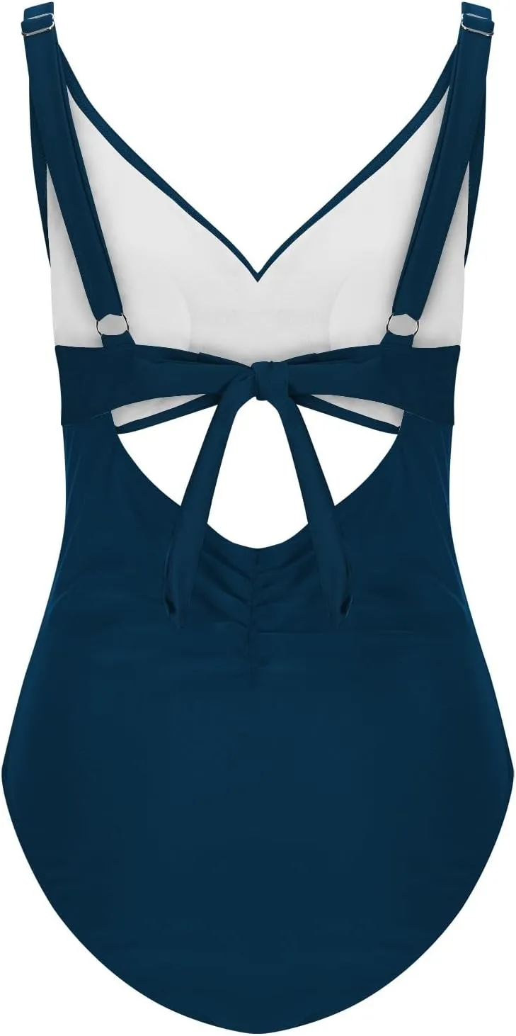 Women's Ruched One Piece Swimsuit Tummy Control Cutout High Waisted Bathing Suit Sexy Backless Tie Back Swimwear