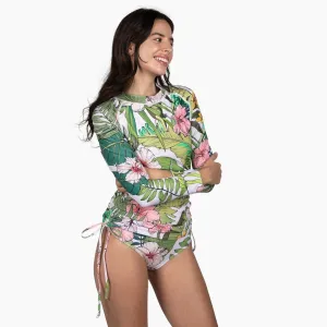 Women's Ruched Sides Long Sleeve Swimsuit Set, UPF 50 - Vintage Tropical Floral