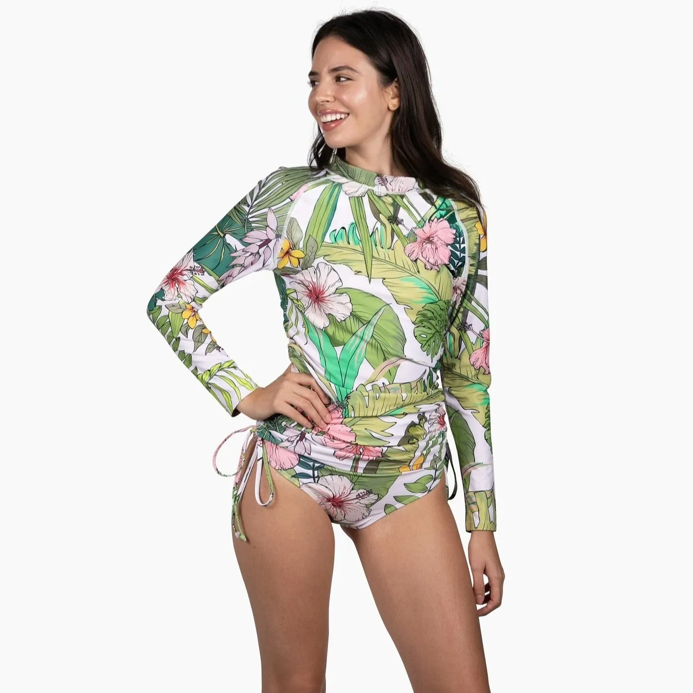 Women's Ruched Sides Long Sleeve Swimsuit Set, UPF 50 - Vintage Tropical Floral