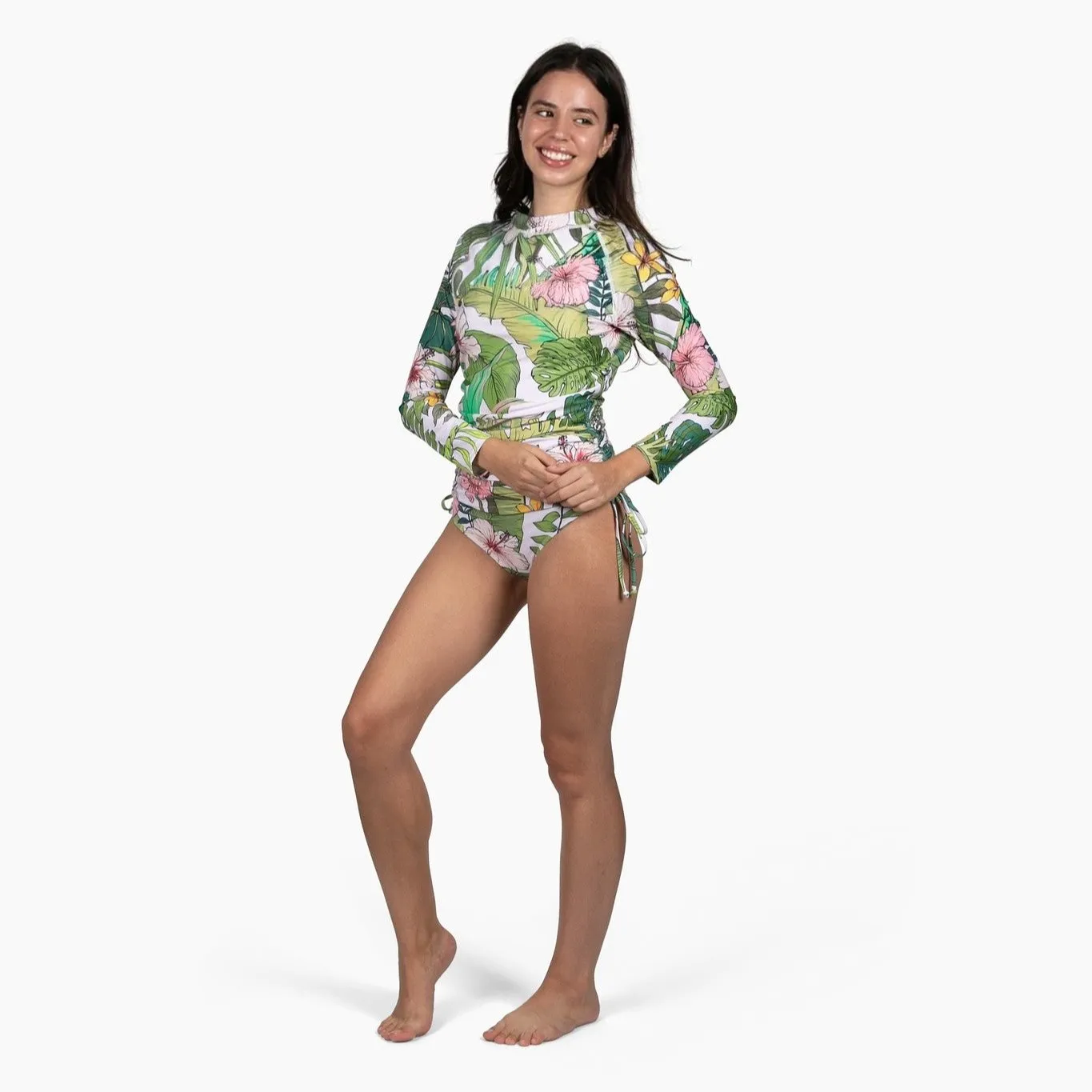 Women's Ruched Sides Long Sleeve Swimsuit Set, UPF 50 - Vintage Tropical Floral