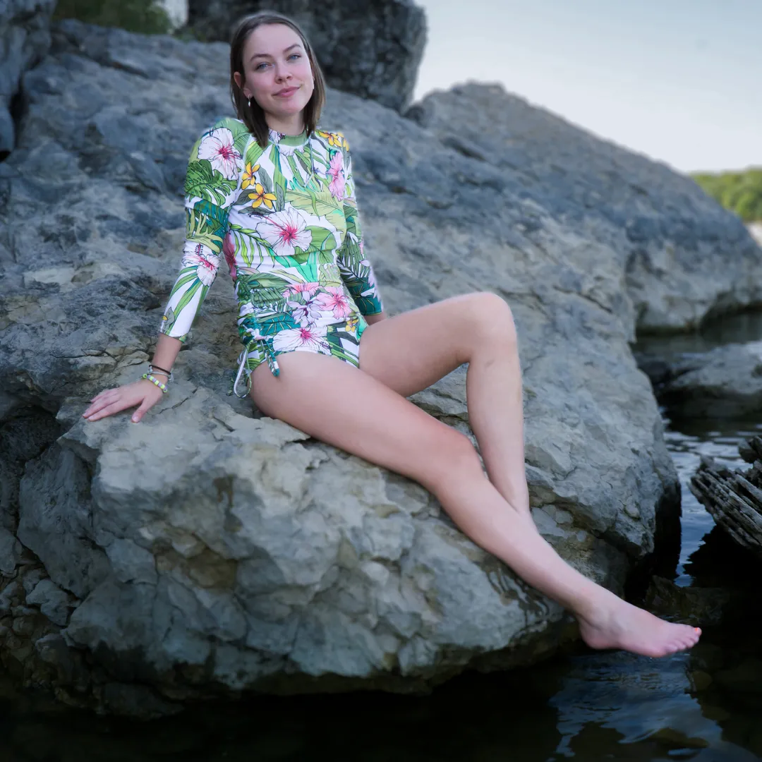 Women's Ruched Sides Long Sleeve Swimsuit Set, UPF 50 - Vintage Tropical Floral