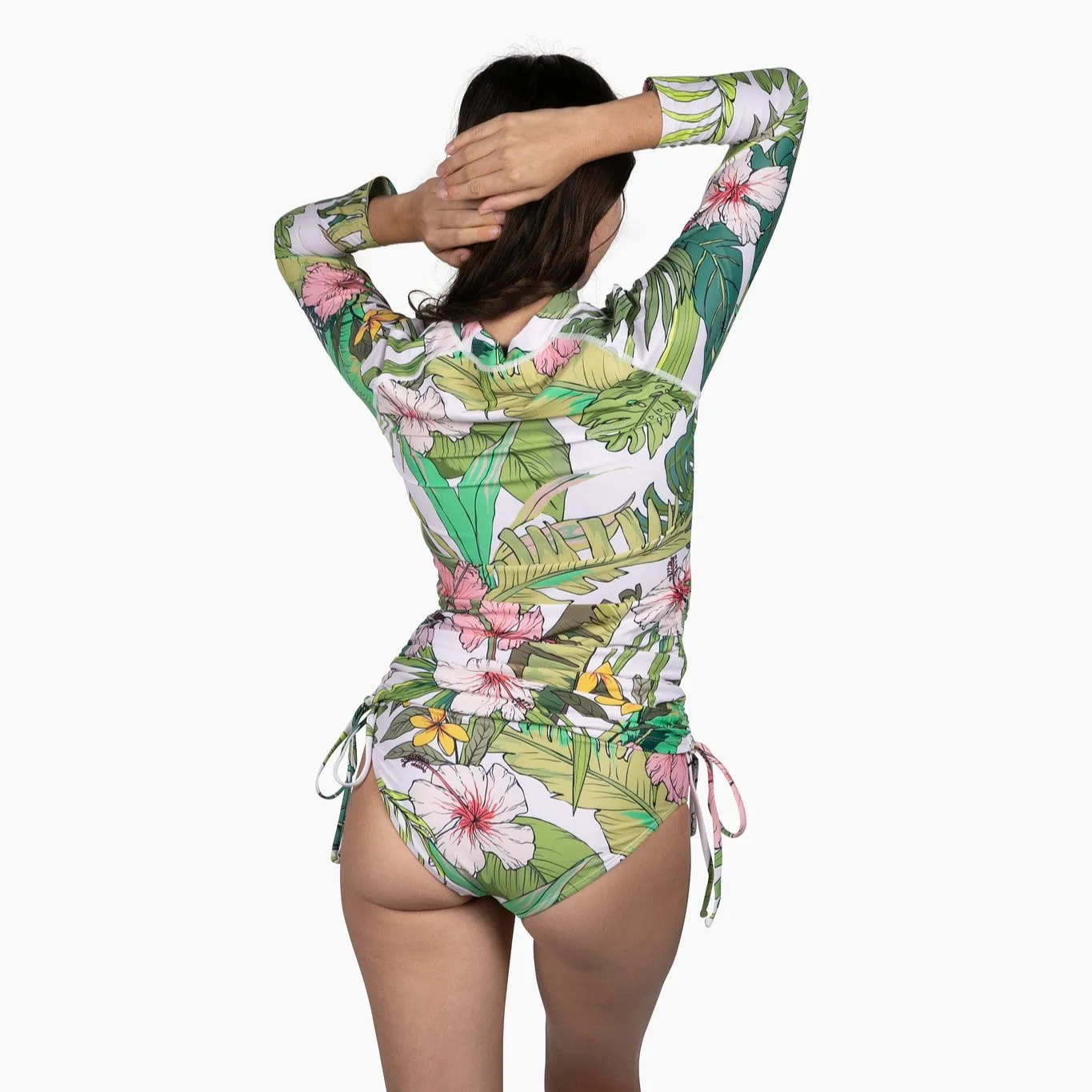 Women's Ruched Sides Long Sleeve Swimsuit Set, UPF 50 - Vintage Tropical Floral
