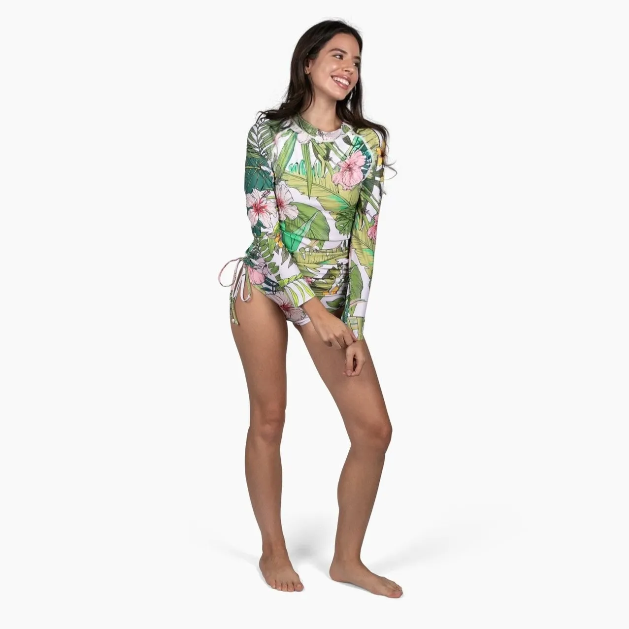 Women's Ruched Sides Long Sleeve Swimsuit Set, UPF 50 - Vintage Tropical Floral