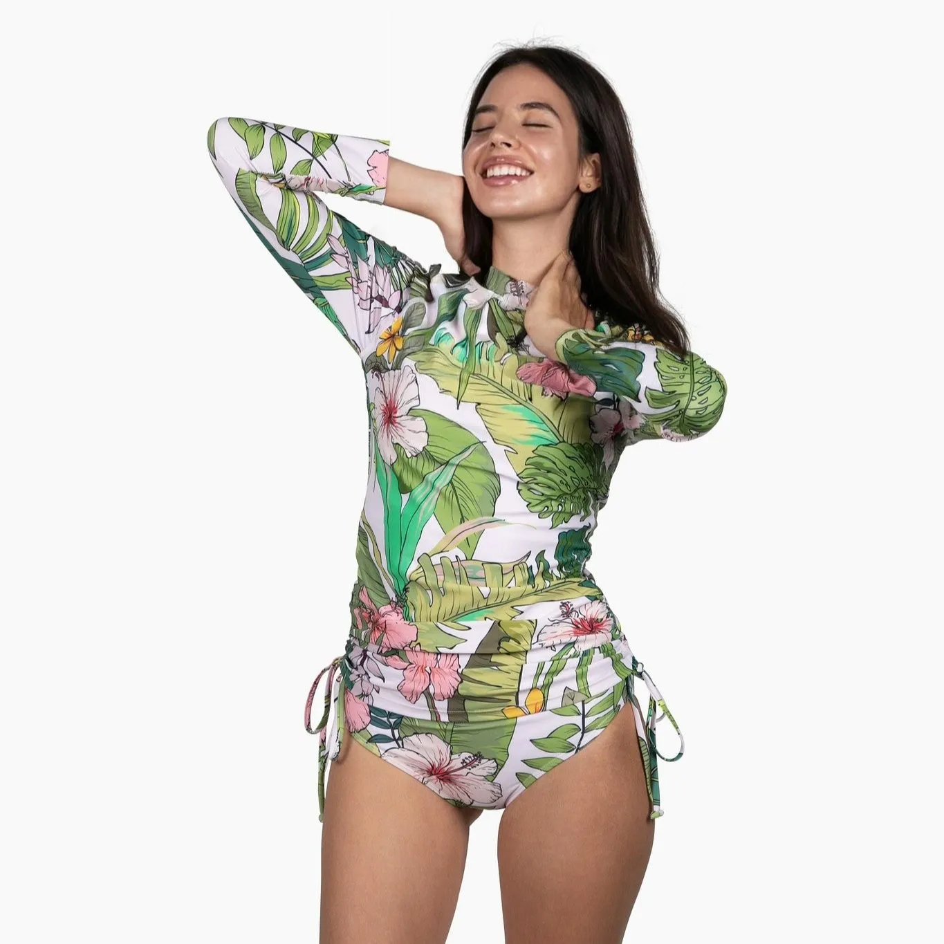 Women's Ruched Sides Long Sleeve Swimsuit Set, UPF 50 - Vintage Tropical Floral