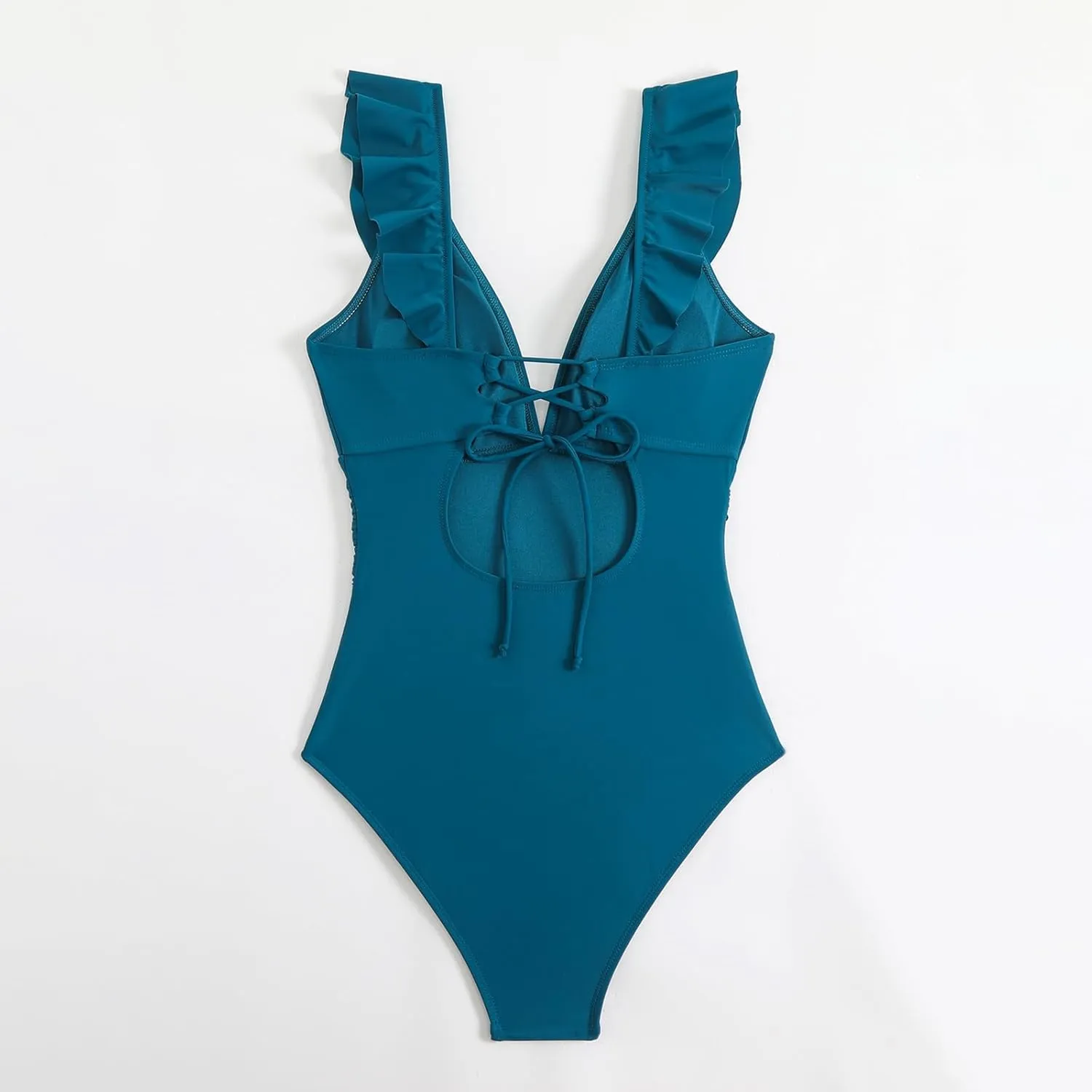 Women's Ruffled One Piece Swimsuits Tummy Control Bathing Suit Sexy Deep V Neck Swimwear High Cut Backless Swimwear
