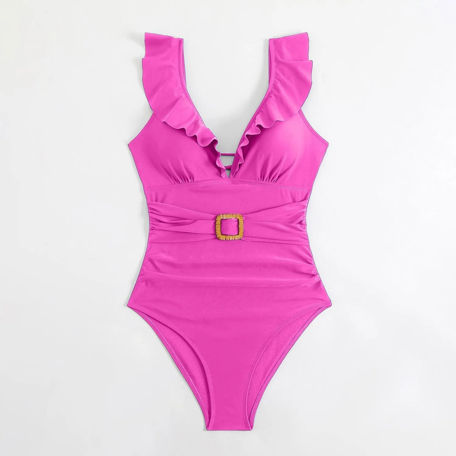 Women's Ruffled One Piece Swimsuits Tummy Control Bathing Suit Sexy Deep V Neck Swimwear High Cut Backless Swimwear