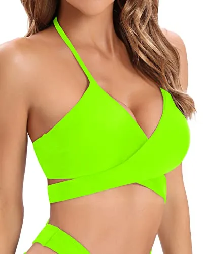 Women's Sexy Halter Criss Cross Bikini Top Push Up Wrap Bathing Suit Top-Neon Green