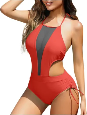 Womens Sexy Halter Swimsuit Hollow Out One Piece Mesh Patchwork Bathing Suit Slimming Tummy Control Cutout Swimwear
