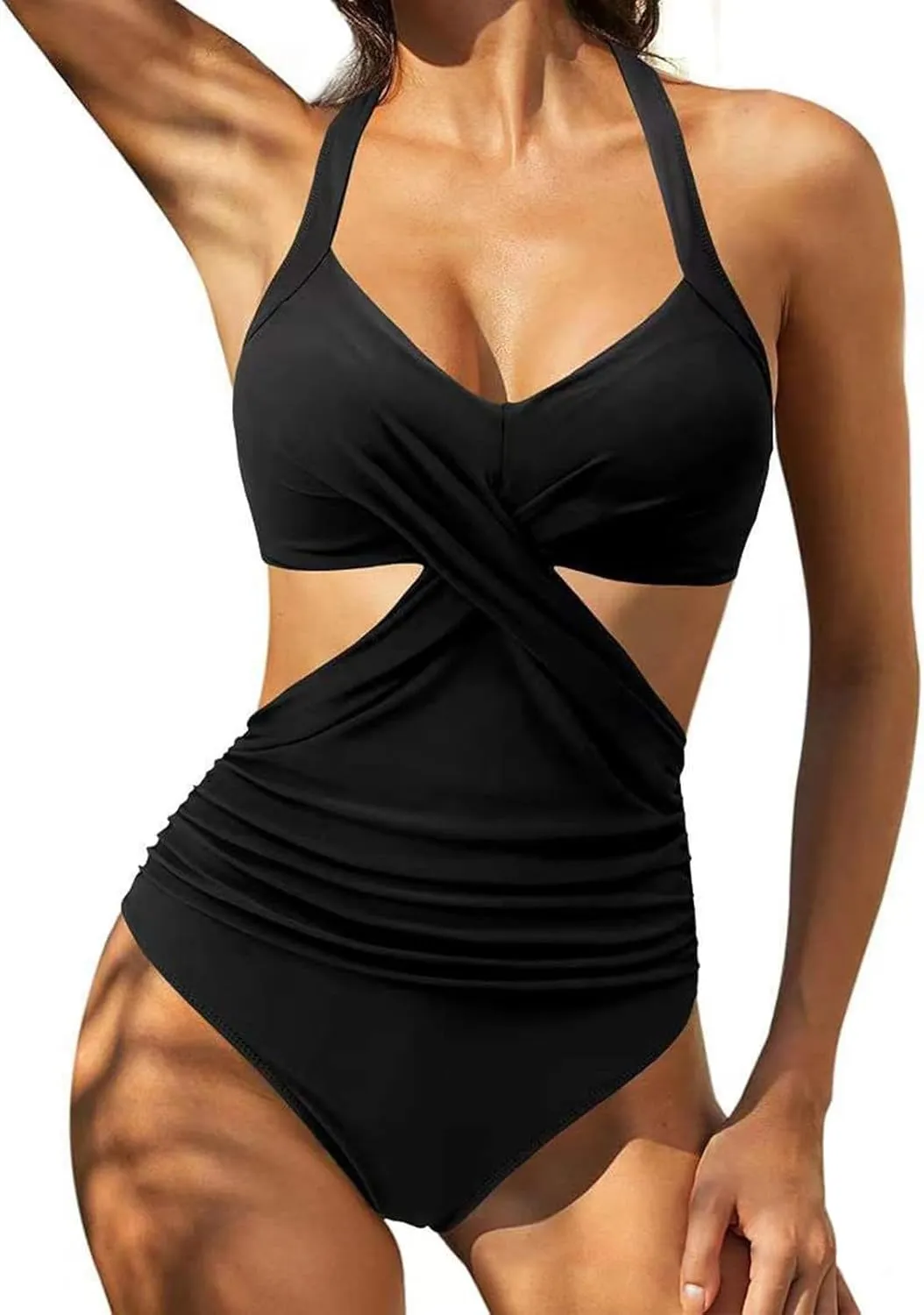 Womens Sexy One Piece Swimsuit Tummy Control High Waisted Bathing Suit Twist Front Cut Out Backless Halter Monokini