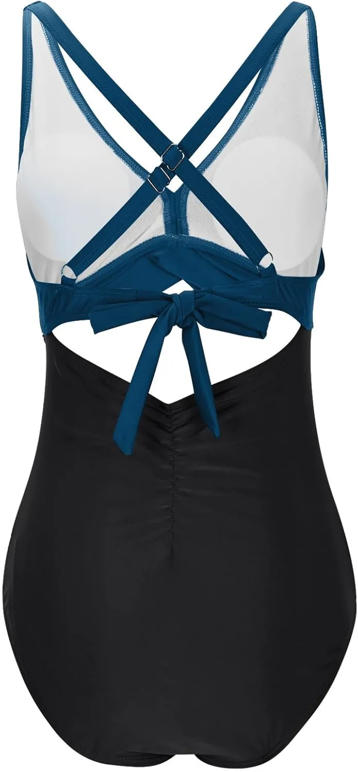 Womens Sexy One Piece Swimsuit V Neck Pleated Crisscross Back Bathing Suit Slimming High Waisted Backless Swimwear