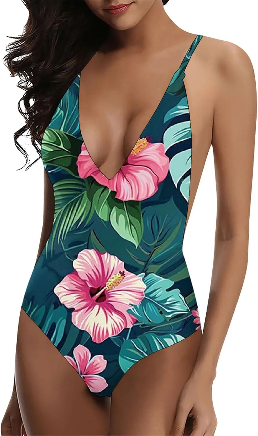 Womens Sexy One Piece Swimsuits Tummy Control Sexy Slimming Bathing Suits Cute Floral Print Vacation Swimsuit