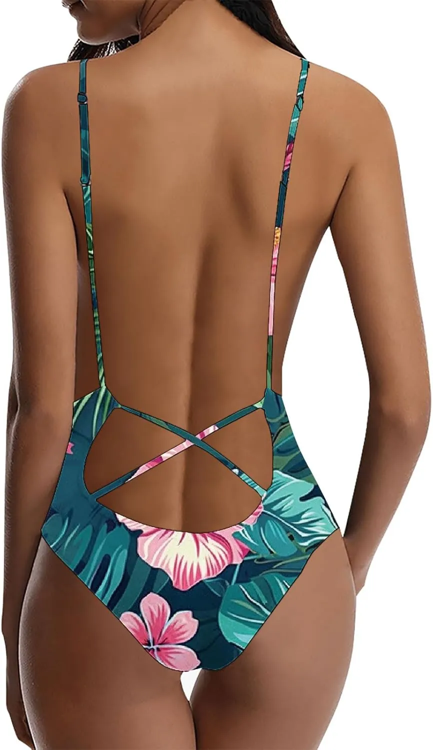 Womens Sexy One Piece Swimsuits Tummy Control Sexy Slimming Bathing Suits Cute Floral Print Vacation Swimsuit
