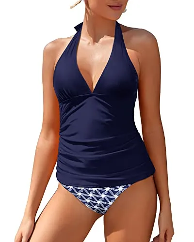 Women's Sexy V Neck Halter Tankini Top With Bikini Bottom-Navy Blue Tribal