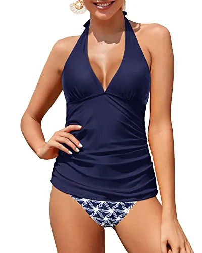 Women's Sexy V Neck Halter Tankini Top With Bikini Bottom-Navy Blue Tribal