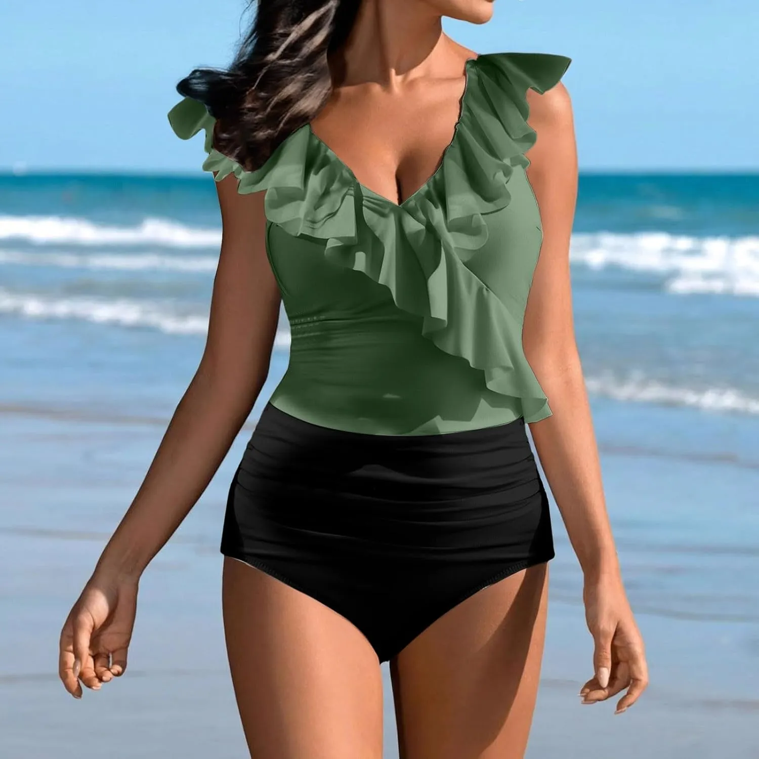 Women's Slim Fit Cute Swimsuit with Chest Pad Without Brackets Pleated V Neck Swimsuit Bikini Styler