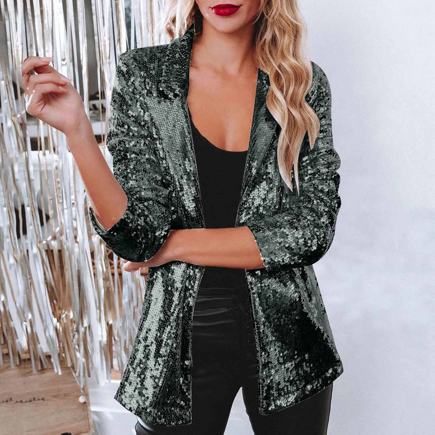 Women's Sparkly Sequin Blazers Trendy Glitter Jacket Long Sleeve Lapel Blazer Cardigan Coat for Party Club