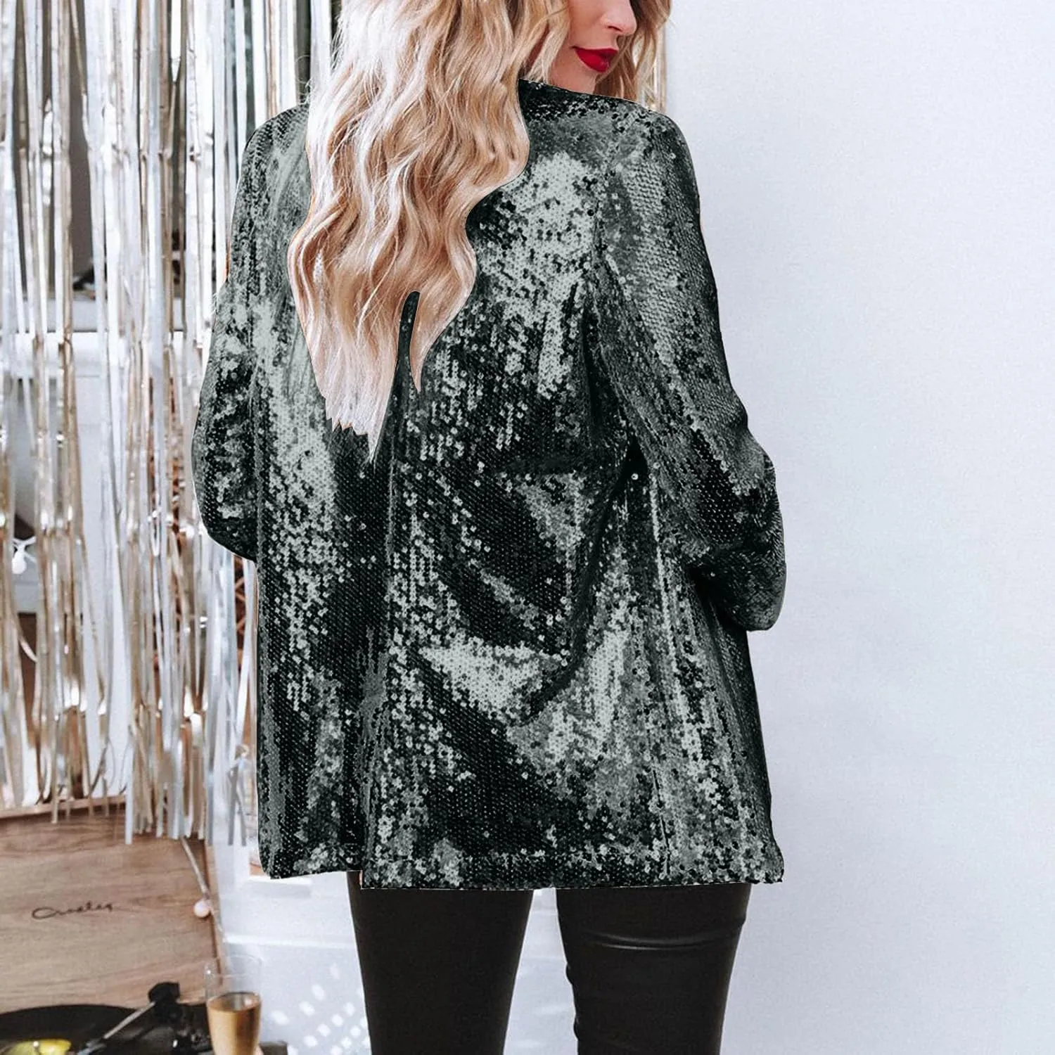 Women's Sparkly Sequin Blazers Trendy Glitter Jacket Long Sleeve Lapel Blazer Cardigan Coat for Party Club