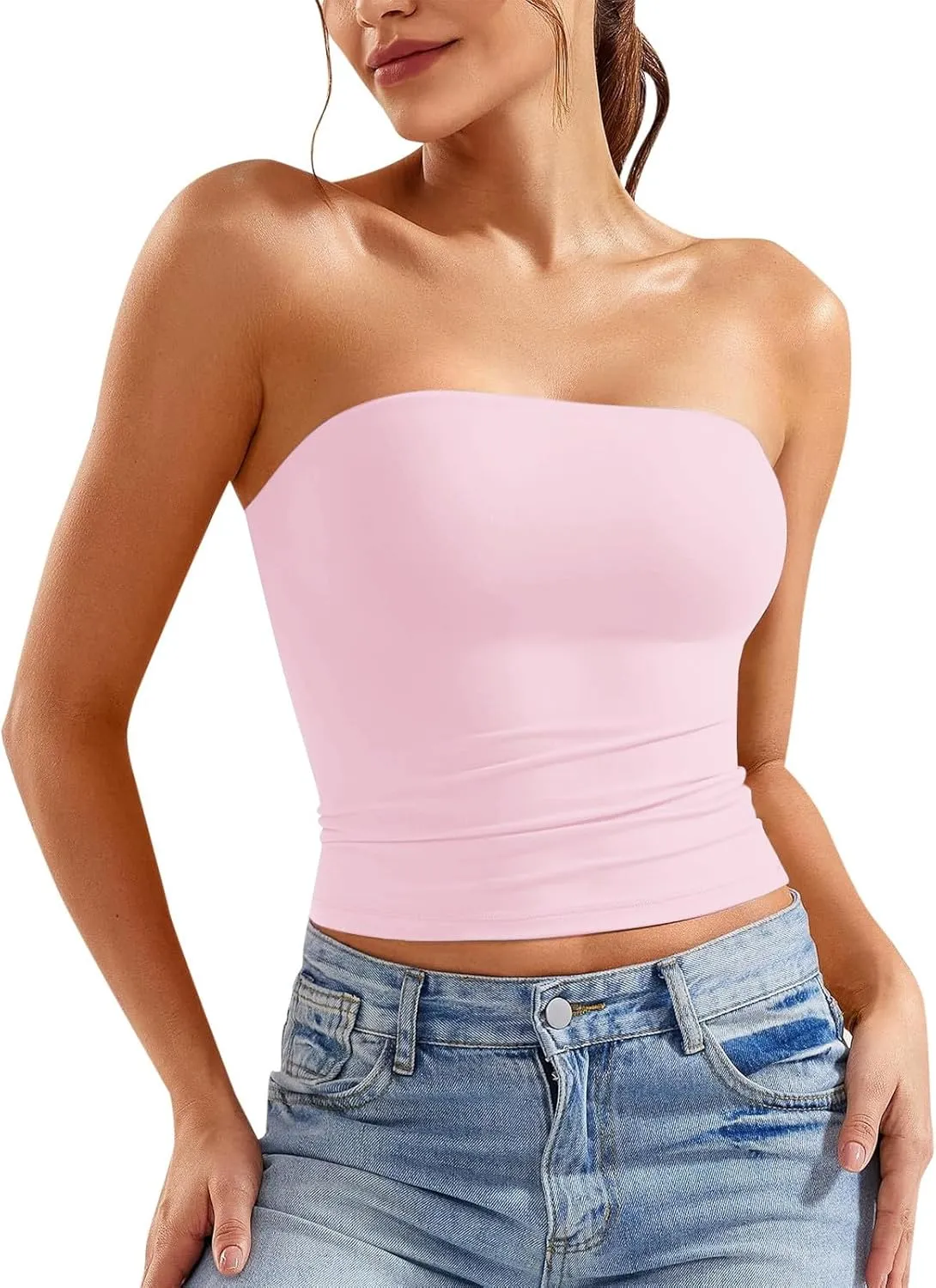 Womens Strapless Tube Tops Sexy Backless Sleeveless Bandeau Shirts Going Out Crop Top Summer Outfits 2025