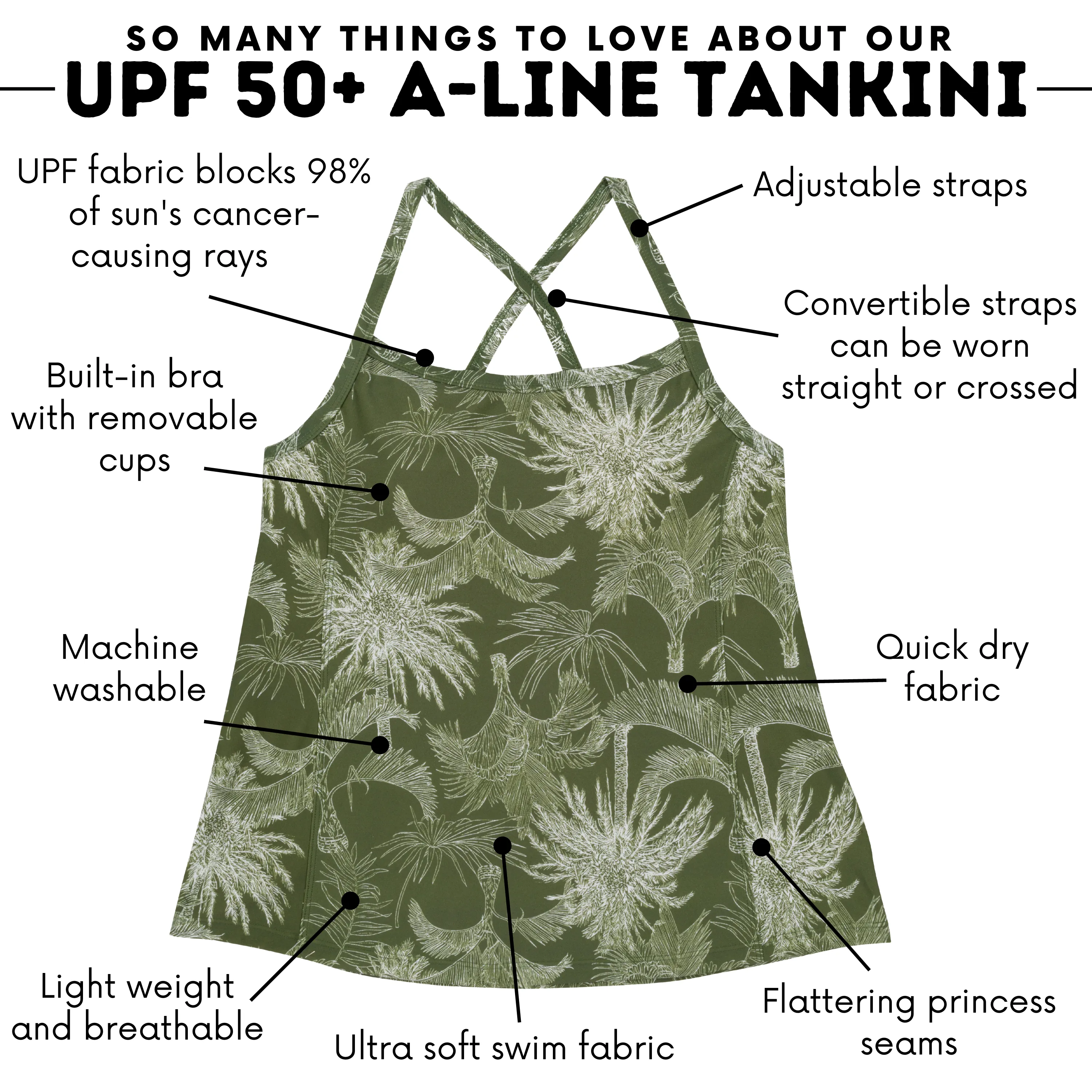 Women’s Strappy A-Line Tankini Top | “Hawaiian Rainforest”