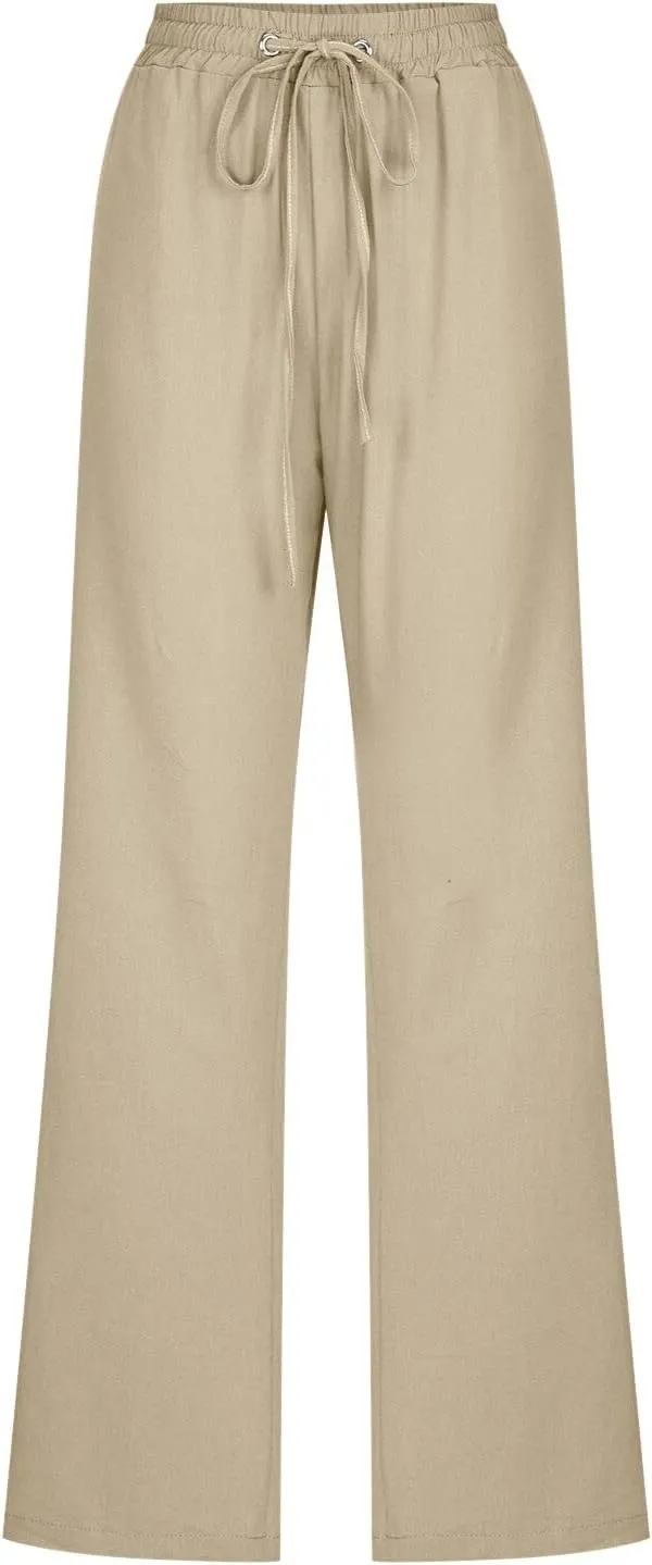 Womens Summer Flowy Linen Palazzo Wide Leg Pants Workout High Waist Pant Tie Side Trouser with Pockets