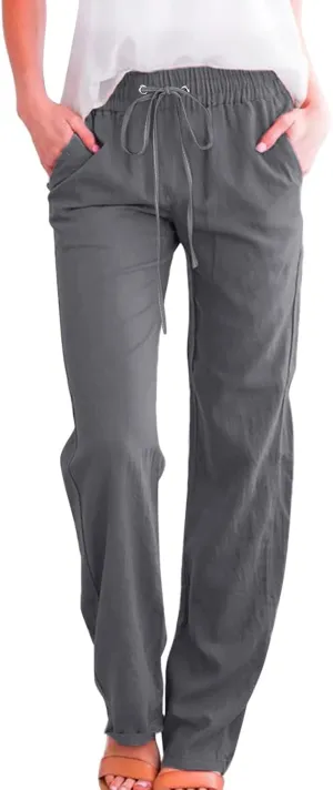 Womens Summer Flowy Linen Palazzo Wide Leg Pants Workout High Waist Pant Tie Side Trouser with Pockets