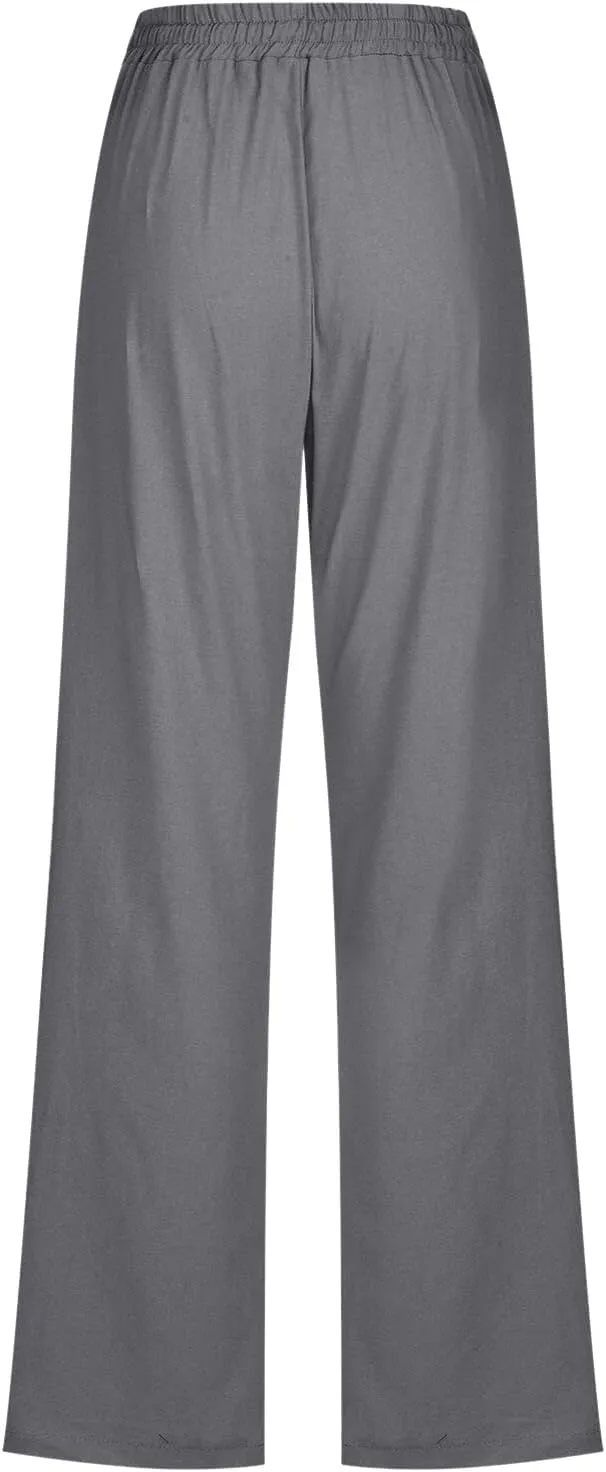 Womens Summer Flowy Linen Palazzo Wide Leg Pants Workout High Waist Pant Tie Side Trouser with Pockets
