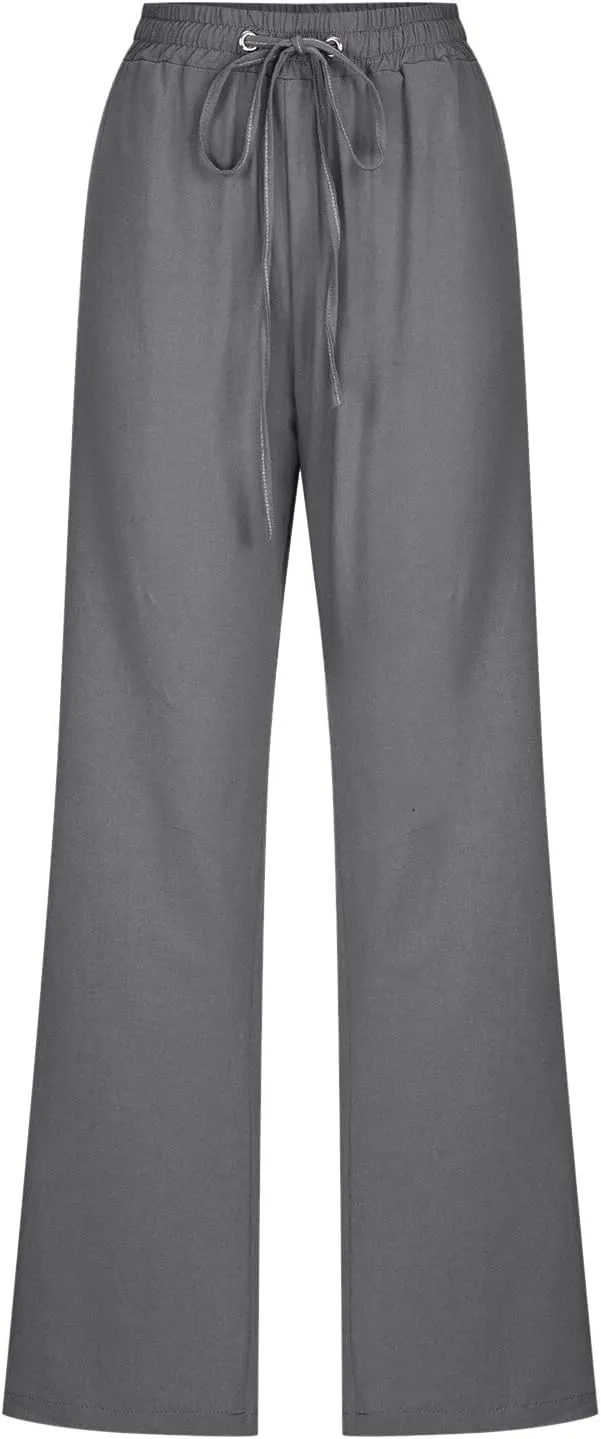 Womens Summer Flowy Linen Palazzo Wide Leg Pants Workout High Waist Pant Tie Side Trouser with Pockets