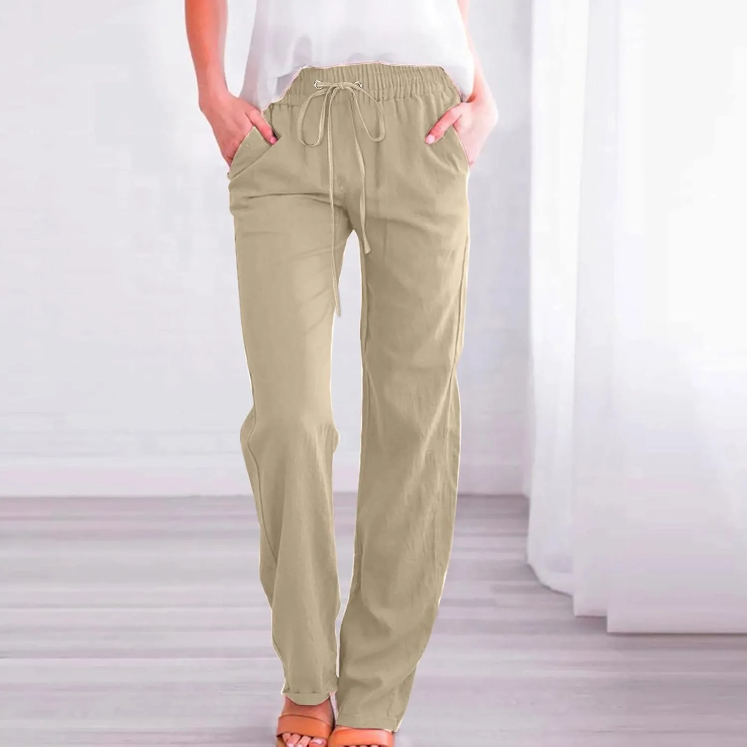 Womens Summer Flowy Linen Palazzo Wide Leg Pants Workout High Waist Pant Tie Side Trouser with Pockets