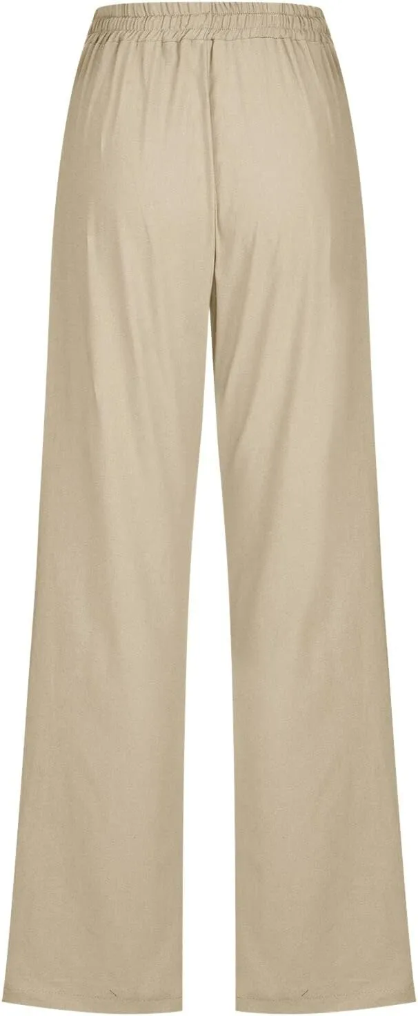 Womens Summer Flowy Linen Palazzo Wide Leg Pants Workout High Waist Pant Tie Side Trouser with Pockets