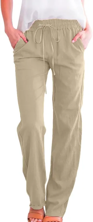 Womens Summer Flowy Linen Palazzo Wide Leg Pants Workout High Waist Pant Tie Side Trouser with Pockets