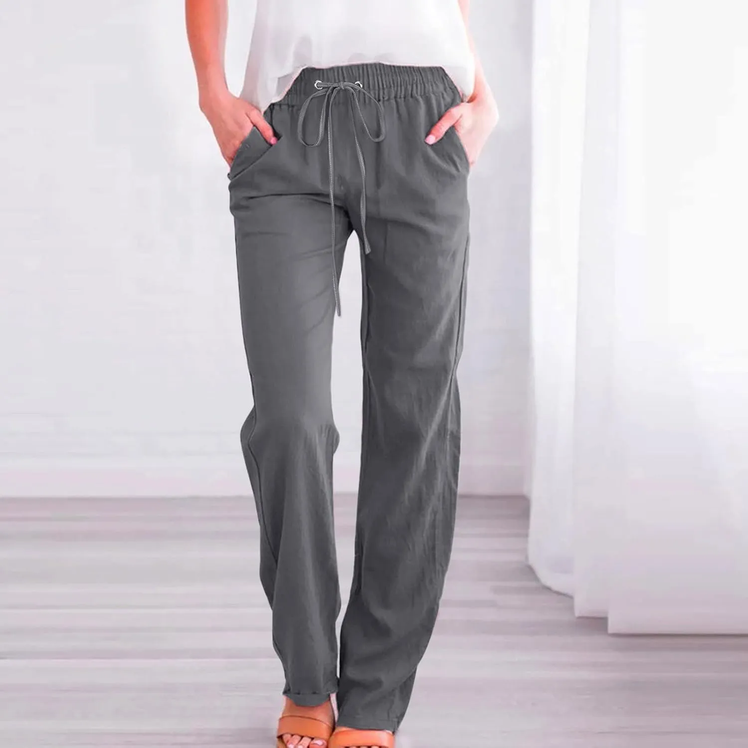 Womens Summer Flowy Linen Palazzo Wide Leg Pants Workout High Waist Pant Tie Side Trouser with Pockets