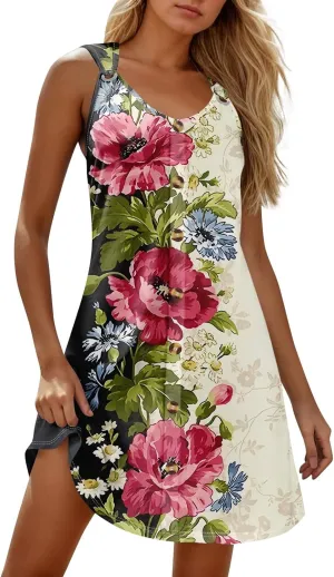 Womens Swim Cover up Button Dowm Casual Floral Beach Dress Summer Vacation Plus Size Tank Dress