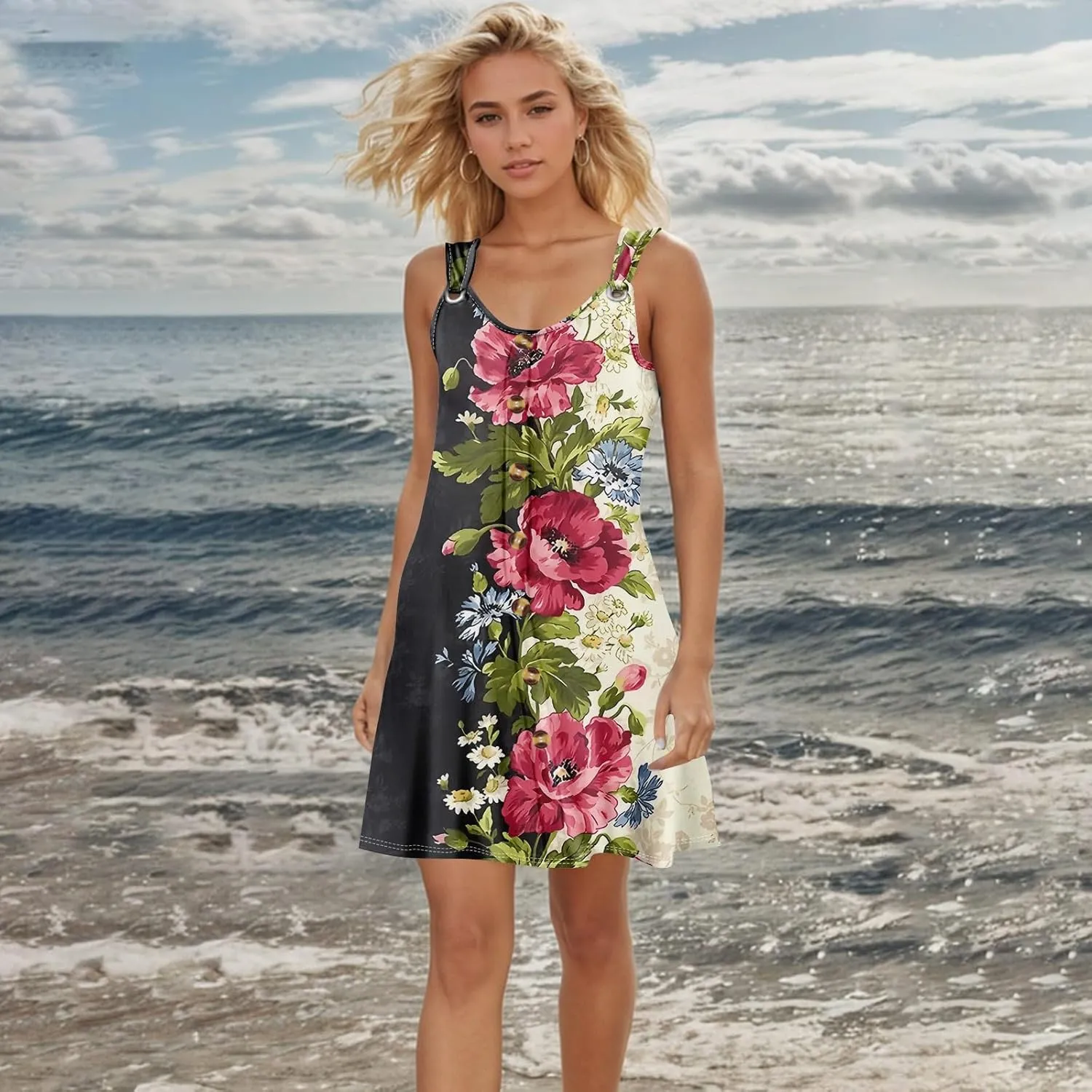 Womens Swim Cover up Button Dowm Casual Floral Beach Dress Summer Vacation Plus Size Tank Dress