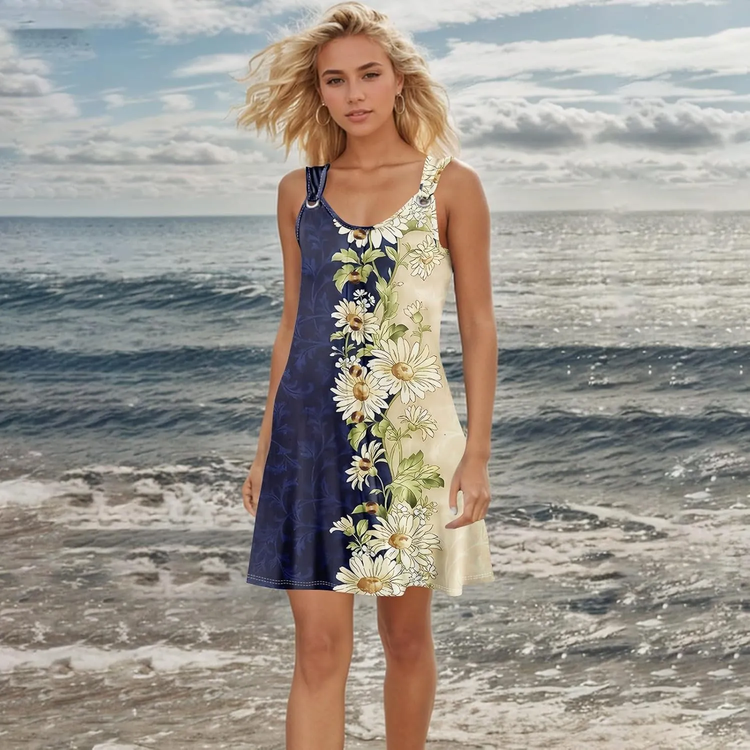 Womens Swim Cover up Button Dowm Casual Floral Beach Dress Summer Vacation Plus Size Tank Dress