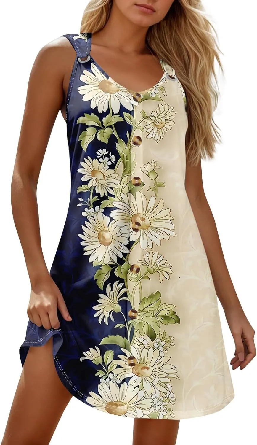 Womens Swim Cover up Button Dowm Casual Floral Beach Dress Summer Vacation Plus Size Tank Dress