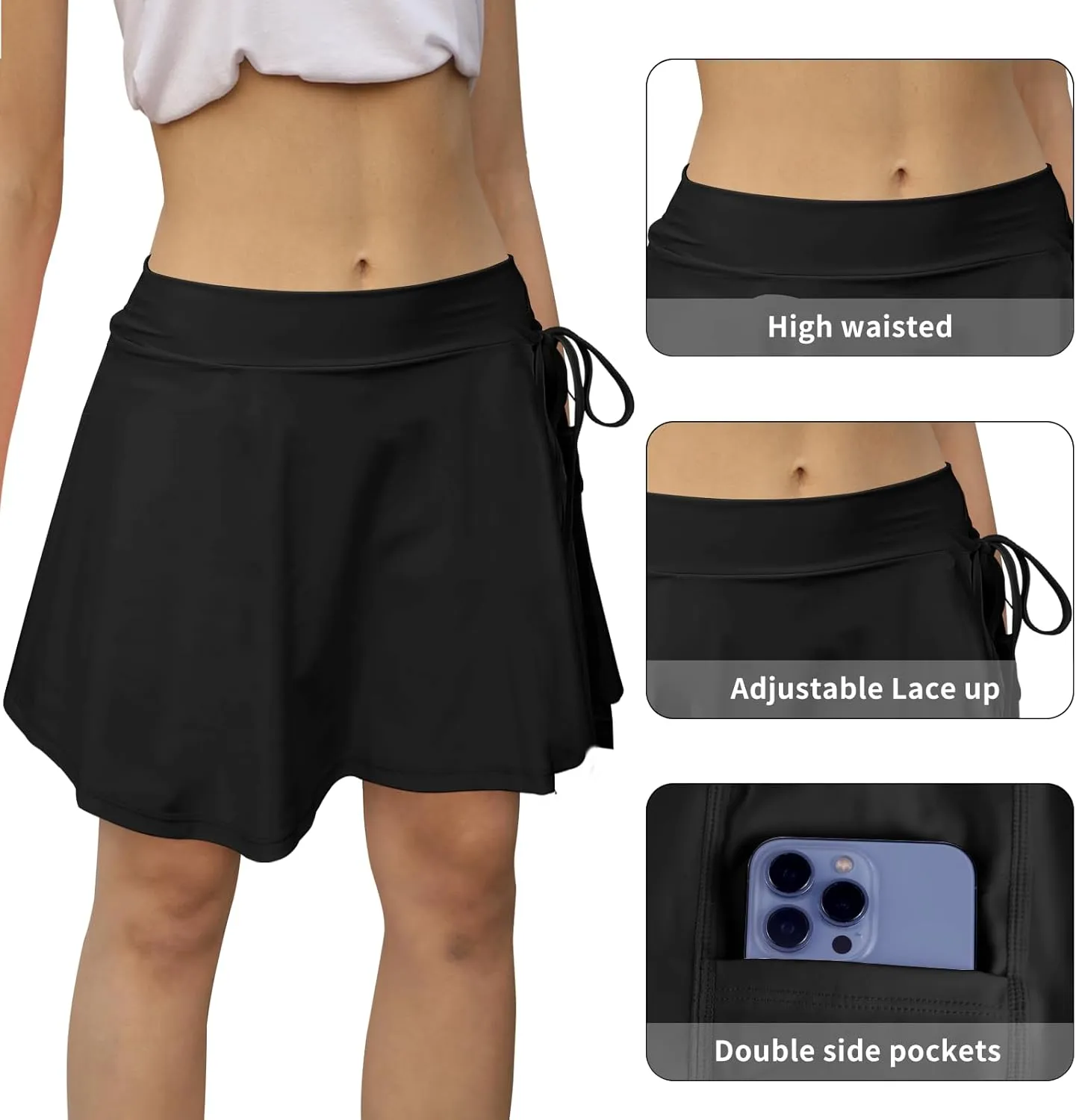 Women's Swim Skirt High Waisted Tummy Control Ruched Bathing Build-in Shorts with Pockets Swimsuit Bikini Bottoms