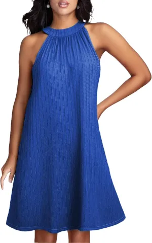 Womens Swimsuit Cover Up Dress Halter Neck Sleeveless Mini Dress Summer Flowy Beach Bikini Cover Ups Solid Dresses