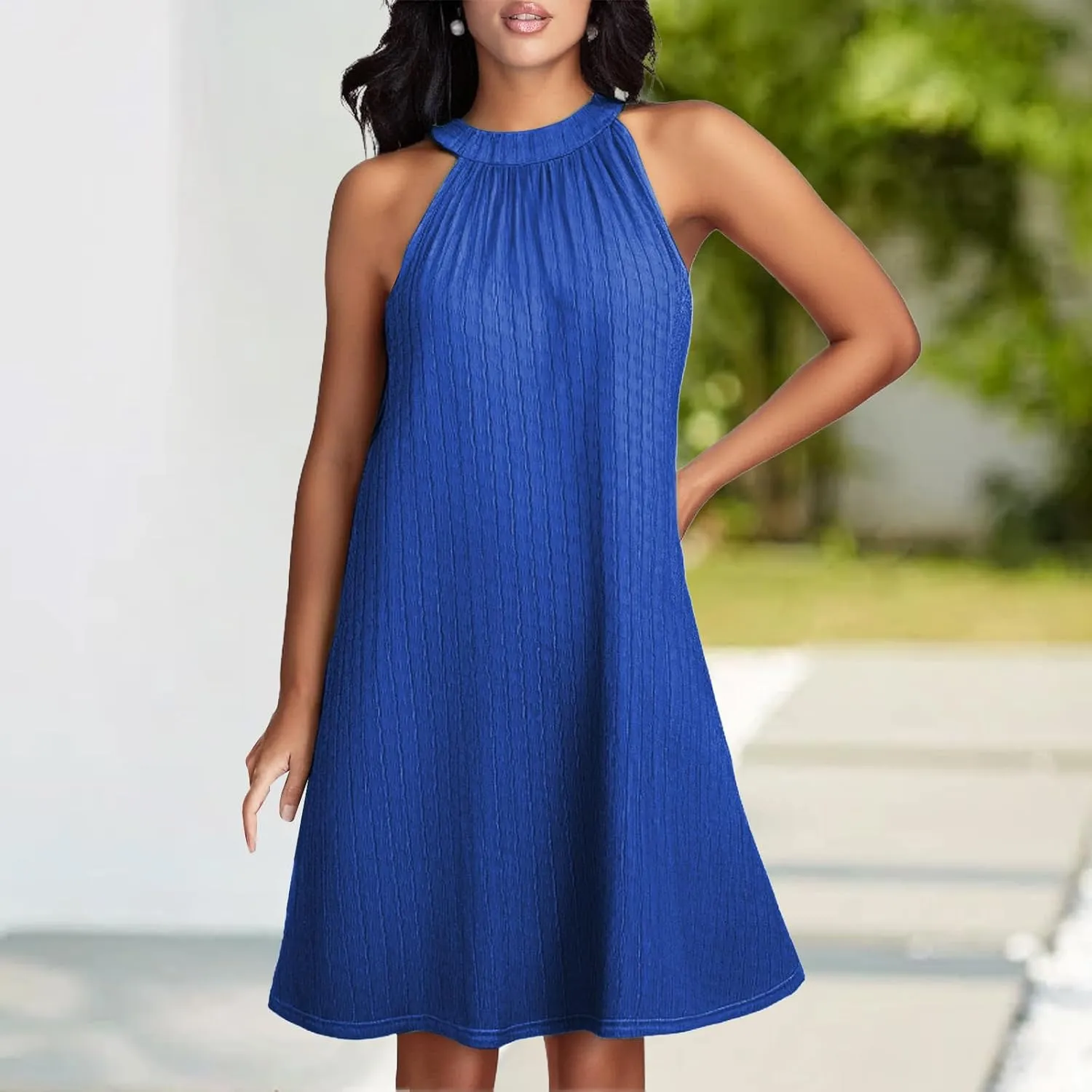 Womens Swimsuit Cover Up Dress Halter Neck Sleeveless Mini Dress Summer Flowy Beach Bikini Cover Ups Solid Dresses