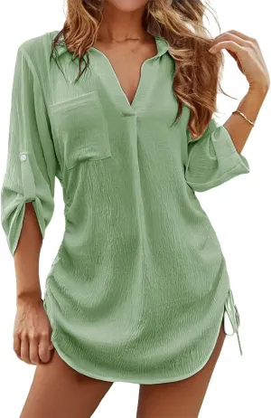 Womens Swimsuit Coverups V Neck Drawstring Bathing Suit Bikini Cover Up Beach Shirt Dresses 2025 Vacation Clothes