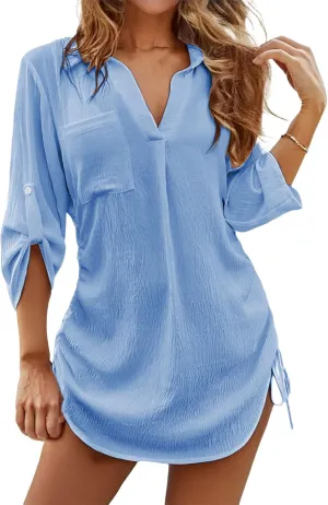 Womens Swimsuit Coverups V Neck Drawstring Bathing Suit Bikini Cover Up Beach Shirt Dresses 2025 Vacation Clothes