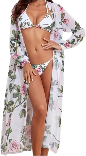 Womens Swimsuits Beach Floral Cover Up Open Front Cardigan with Bikini Sets Two Piece Bathing Suit Summer Sexy Swimwear