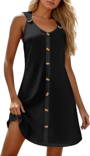 Women's Swimwear Cover Ups Button Dowm Floral Casual Beach Dress Vacation Plus Size Mini Tank Dress
